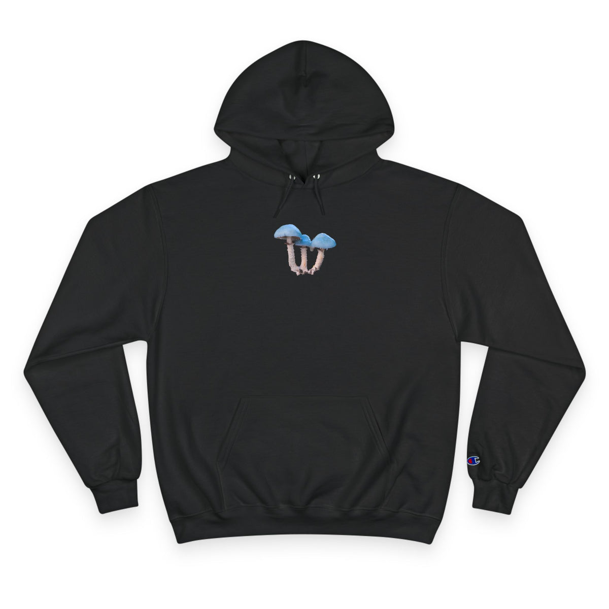 Blue Mushroom Hoodie — Minimal Fungi Graphic Champion-Style Pullover